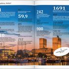 Zahlen wie 1: Weihnachtstradition, 2: Lebensqualität, 10: Vaterschaftsurlaub, und 20: Sommertage. Hintergrund zeigt Hafenstadt bei Dämmerung.