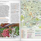 Colmar: Text beschreibt Sehenswürdigkeiten und Geschichte. Links Markt mit frischem Gemüse, rechts Stadtplan von Colmar.
