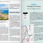 Seite 108: Kretische Riviera. Gournia, vor 3500 Jahren eine minoische Kleinstadt, liegt auf einem flachen Hügel am Meer.  
Seite 109: TOUR Torbogen ins Grüne.  
Infos: Start/Ziel: Éxo Moulianá, Q 4. Gehzeit: ca. 2,5 Std., 5 km einfache Strecke.  
Illustration: Eine Wanderkarte mit farbigen Wegmarkierungen.