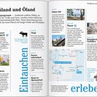 Texte: Småland und Öland, Eintauchen, erleben. Beschreibungen von Nationalparks, Städten und Sehenswürdigkeiten. Enthält Bilder einer Blume, Landschaft und Statuen.
