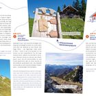 Texte: 
- KM 1: Rechts liegen lassen
- KM 2: Jetzt aber: verschnaufen
- KM 4: Beim kleinen Bruder
- Verlockende Pausenangebote

Illustrationen und Fotos: 
- Schild mit Kuhmotiven
- Almhütte
- Bergpanorama