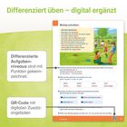 Differenzierte Aufgabenniveaus mit Punkten. QR-Code für digitale Zusatzangebote. Illustration: Kinder spielen Fußball.