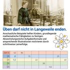 Überschrift: "Üben darf nicht in Langeweile enden." Text beschreibt Lernmotivation. Tabelle zeigt Zahlenreihen. Illustration: Atom. Vintage-Foto von Frau in Werkstatt.