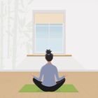 Keine sichtbaren Texte. Eine Illustration zeigt eine Person, die in Meditationshaltung vor einem Fenster sitzt.