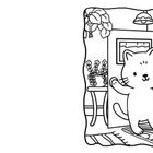 Eine Illustration zeigt eine lächelnde Katze in einer Türöffnung. Drinnen Pflanzen und eine Lampe, draußen Vogel und Wolken.