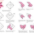 "Kirschblüte" mit zwei Sternen Schwierigkeit; Anleitung in 17 Schritten zur Origami-Blume; farbige und nummerierte Diagramme.