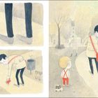 Links oben: Eine zerdrückte rote Dose liegt auf dem Weg.  
Links unten: Ein Mann hebt die Dose auf, ein Kind sieht zu.  
Rechts: Der Mann wirft die Dose in einen Mülleimer.