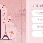 "J'aime la France" von Nina. Playlist: Titel von Édith Piaf, Carla Bruni. Links: Smartphone, Eiffel-Turm, Symbole.