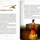 Titel: "Die Königin von Saba". Zwei Buchseiten, links Text über Belles Entdeckung, rechts eine kleine Königinnenfigur.