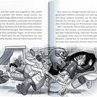 Text über zwei Kinder, Rosi und Ben, und ihre Abenteuer mit einem Dinosaurier. Illustrationen darunter zeigen sie in Bewegung.