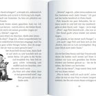 Seitenzahlen 44 und 45. Illustration: Kind umarmt Hund. Text über ein Abenteuer mit einem kleinen, hungrigen Hund.