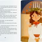 Textausschnitt über eine sanfte Umarmung und das Sankta Lucia-Lied. Illustration: Zwei Kinder, eins trägt einen Lichterkranz.