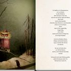 Gedicht über einen Spaziergang im Morgengrauen. Illustration einer Eule mit rotem Hut und Umhang auf einem Ast, umgeben von Bäumen.