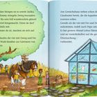 Text beschreibt einen Ausflug zur Gärtnerei. Illustration zeigt Kinder und Pferde auf einem Weg neben einem Gewächshaus.