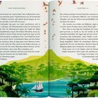 „Die Schatzinsel“, „Kapitel 13“. Unten eine farbenfrohe Illustration mit einem Schiff, grünem Wald und hügeliger Landschaft.