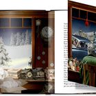 Eine Illustration zeigt eine winterliche Szene mit Kuckucksuhren, einem Mann, der nach draußen blickt, und dekorativen Elementen.