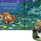 Text: "Der Frischling planscht mit dem Frosch um die Wette. Wer ist noch wach? Geck! Geck! Der Dachs." Illustration: Tierwelt.
