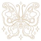 Linienzeichnung eines Schmetterlings mit dekorativen Mustern und sternförmigen Akzenten.