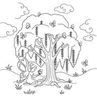 Illustration einer Fee mit Schmetterlingen unter einem großen Baum mit hängenden Zweigen und umliegender Landschaft.