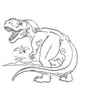 Ein Dinosaurier steht in einer Landschaft, seine Zähne sind sichtbar. Zwei Flugsaurier fliegen im Hintergrund.