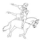 Zwei Personen in akrobatischer Pose auf einem galoppierenden Pferd. Die Illustration zeigt Balance und Dynamik.