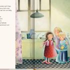 Text: Valentin bemerkt, dass Chaja nicht lebt. Illustration: Oma, Valentin, ein Mädchen und ein gelber Vogel in einer Küche.