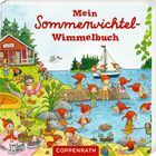 Text: "Mein Sommerwichtel-Wimmelbuch." Illustration: Wichtel in roter Kleidung spielen und schwimmen in einer sommerlichen Landschaft.