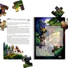 Text: "Die Bremer Stadtmusikanten" mit Geschichtenabschnitt.  
Illustration: Tiere übereinander vor einem Haus im Wald, Mondlicht. Puzzle-Teile drumherum.