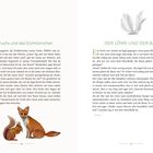 Zwei Titel: "Der Fuchs und das Eichhörnchen" und "DER LÖWE UND DER BÄR". Unten: Illustration eines Fuchses und eines Eichhörnchens.