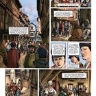 Texte beschreiben eine Unterhaltung in einer historischen Stadt. Menschen in mittelalterlicher Kleidung, Fachwerkhäuser.