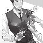 Die Illustration zeigt einen Mann im Anzug, überrascht, mit Schweißperle und Zigarette, während ihm eine Rose angeboten wird.