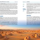 Seite mit Reiseinformationen über Nambung NP und Cervantes. Foto zeigt eine Wüstenlandschaft mit vielen Kalksteinfelsen.