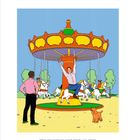 Text: "Wer erwachsen wird, lernt vor allem, sich anzupassen und Rücksicht zu nehmen."

Eine Illustration eines Karussells mit Erwachsenen und Kindern. Ein Hund beobachtet sie.