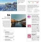 "14 Deutschland, ganz oben. Die Zugspitze ist der höchste deutsche Berg und damit ein Nationalsymbol."   
Oberer Teil zeigt verschneite Bergstation, unterer eine Stadtstraße mit Fluss.  
Texte und Produkte eines Magazins beschrieben.