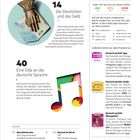 "14 Die Deutschen und das Geld." "40 Eine Ode an die deutsche Sprache." Eine Hand auf Geldscheinen, bunte Musiknote.