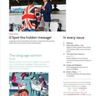 **Cover story:** "12 Spot the hidden message!"  
Sprache als Minenfeld – Quiz und Schlüsselbegriffe verstehen.

**The language section:** Seiten 53-65.  
Verbessere dein Englisch aktiv mit Grammatik, Vokabeln und Rätsel.

**In every issue:** 
3 Editorial, 
11 Kilts and Coffee,
17 The View from America,
46 Puzzle and Feedback,
66 Britain Today. 

Oberes Bild: Zwei Männer, einer im Jackett mit Union Jack-Muster, im Gespräch.  
Unteres Bild: Illustration von Menschen in einem Salon.