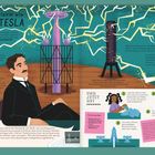 „Erzeuge Elektrizität wie Nikola Tesla.“ Nikola stellt Stromerzeugung dar. Illustration mit Tesla, Geräten und Experimenten.