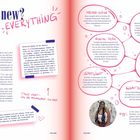 Texte: "What's new? EVERYTHING", "Messe-Guide", "Review", "Sneak Peak", "Spotlight", "Insight", "What's Up", "The Catch".

Zwei Seiten mit verspieltem Design in Magazinform, erklärt neue Inhalte und Kategorien. Enthält ein kleines Foto einer Person.