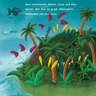 Text: "Also schwimmen Amina, Cora und Max weiter. Der See ist groß. Mittendrin entdecken sie eine Insel." Illustration: Üppige grüne Insel mit Palmen und bunten Blättern, ein Vogel fliegt oben.