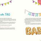 Der Text "DER erste TAG" ist in Türkis. Ein buntes Banner und das Wort "BABY" in goldenen Buchstaben sind prominent.