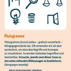 UZMO Bildvokabeln. Piktogramme. A: Ideen gegeneinander abwägen, B: Personalsuche, C: Controlling. Skizzen: Gebäude, Lupe, Waage, Glühbirne, Stapel, Tür.