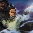 Ein Mann mit Pfeife und eine Frau in traditioneller Kleidung erzeugen mit der Hand magischen blauen Nebel.