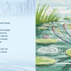Text beschreibt eine Verwandlung zu einer Libelle. Illustration zeigt eine Libelle auf einem Seerosenblatt in einem Teich.