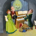 Text über eine Schule in Arnsdorf und Franz Xaver Gruber. Illustration: Menschen singen um ein Klavier.
