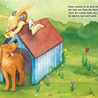Text: „Dann kommt er an dem Hund vorbei, der hält am Haus die Wacht. Auch der kriegt eines aus dem Korb, da sind es nur noch acht.“
Illustration: Ein Hase gibt einem Hund vor einer Hundehütte ein Osterei. Wiese mit Blumen.
