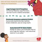 Titel: "Eine witzige Monster-Geschichte übers Mutigwerden". Drei Absätze über Angstbewältigung, emotionale Kompetenz und Mut. Illustration zeigt ein rotes Monster und ein Kind. Unten rechts befindet sich ein Don Bosco Logo.