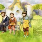 Korbinian lebt in einer gefährlichen Welt. Illustration von drei Personen nahe einer verfallenen Kirche und grüner Landschaft.