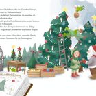 Ein offenes Buch zeigt Zeichnungen eines Christbaums. Kinder schmücken Bäume mit Engeln und Kugeln. Fröhliche Szene.