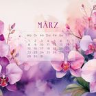 Kalender für März, umgeben von zarten, rosa-violetten Orchideenillustrationen.