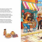 Texte beschreiben einen Flug, Tacos, Mariachi-Band. Illustration zeigt Tiere mit Sombreros in einer Fiesta-Szene.